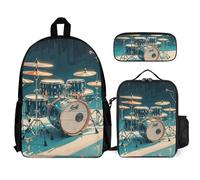 VFKLT Cool Drums Set zaino con portapranzo astuccio 3 pezzi set borsa da viaggio zaino casual zaino per computer portatile, bianco, taglia unica, zaini da viaggio, Bianco, taglia unica