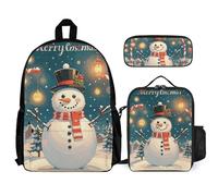VFKLT Merry Christmas - Zaino con pupazzo di neve con portapranzo e astuccio, set da 3 pezzi, borsa da viaggio, zaino casual per laptop, bianco, taglia unica, zaini da viaggio, Bianco, taglia unica