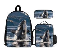 VFKLT Orca Killer Whale Zaino con portapranzo e astuccio, set da 3 pezzi, borsa da viaggio, zaino casual per laptop, bianco, taglia unica, zaini da viaggio, bianco, Taglia unica, Zaini da viaggio