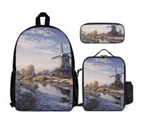 VFKLT Paesaggio con un tradizionale mulino a vento zaino con portapranzo astuccio 3 pezzi set borsa da viaggio zaino casual per computer portatile, bianco, taglia unica, zaini da viaggio, bianco,