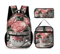 VFKLT Set da 3 pezzi con set di tazze da tè con rose romantiche borsa da viaggio shabby portatile casual zaino sportivo con portapranzo astuccio, tazze da tè con rose romantico shabby, taglia unica,