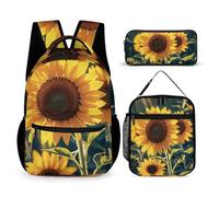 VFKLT Set di 3 zainetti da viaggio con girasoli e cuore, borsa da viaggio portatile, casual, zaino sportivo con portapranzo, astuccio, cuore di girasoli, taglia unica, zaini, Cuore di girasoli, Taglia