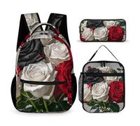 VFKLT Set di 3 zaini con rose nere bianche e rosse, borsa da viaggio portatile casual zaino sportivo con portapranzo, astuccio portamatite, rose nere bianche e rosse, taglia unica, zaini, Rose bianche