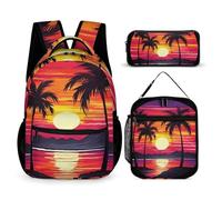 VFKLT Set di 3 zaini da viaggio con design palme e tramonto, zaino casual portatile con portapranzo, astuccio portapranzo, design con tramonto e palme, taglia unica, zaini, Palma Tramonto Design,