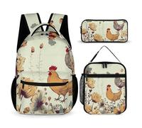 VFKLT Set di 3 zaini da viaggio con motivo gallina e farfalle tra i fiori, borsa da viaggio portatile, casual, zaino sportivo con portapranzo, astuccio portapranzo, farfalle che volano tra i fiori,