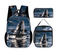VFKLT Set di 3 zaini da viaggio con orca killer whale, zaino da viaggio portatile, casual, zaino sportivo con portapranzo, portamatite, orca killer whale, taglia unica, zaini, Orca Orca, One Size,