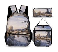 VFKLT Set di 3 zaini da viaggio con un tradizionale mulino a vento, zaino sportivo portatile casual con astuccio portapranzo, paesaggio con un mulino a vento tradizionale, taglia unica, zaino,