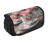 VFKLT Tazze da tè con rose romantico astuccio shabby a doppio strato astuccio grande capacità astuccio doppia cerniera portatile portapenne astuccio per trucchi per uomini donne viaggi ufficio