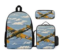 VFKLT World War 2 Airplane zaino con portapranzo e astuccio, set da 3 pezzi, borsa da viaggio, zaino casual per computer portatile, bianco, taglia unica, zaini da viaggio, bianco, Taglia unica, Zaini