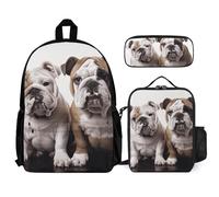 VFKLT Zaino con due simpatici cani bulldog con portapranzo e astuccio, set da 3 pezzi, borsa da viaggio, zaino casual per laptop, bianco, taglia unica, zaini da viaggio, bianco, Taglia unica, Zaini da