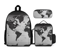 VFKLT Zaino con mappa del mondo in bianco e nero con astuccio portapranzo, set da 3 pezzi, borsa da viaggio, zaino casual per laptop, bianco, taglia unica, zaini da viaggio, bianco, Taglia unica,