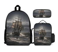 VFKLT Zaino con motivo nave a vela in tempesta con portapranzo, set da 3 pezzi, borsa da viaggio, zaino casual per laptop, bianco, taglia unica, zaini da viaggio, Bianco, taglia unica