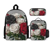 VFKLT Zaino con rose nere bianche e rosse con portapranzo, set da 3 pezzi, borsa da viaggio, zaino casual per laptop, bianco, taglia unica, zaini da viaggio, bianco, Taglia unica, Zaini da viaggio