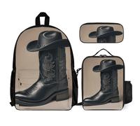 VFKLT Zaino da cowboy con cappello nero e stivali western, con portapranzo, astuccio, set da 3 pezzi, borsa da viaggio casual, zaino per laptop, bianco, taglia unica, zaini da viaggio, Bianco, taglia