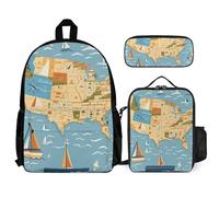 VFKLT Zaino nautico con mappa della barca a vela con astuccio portapranzo, set da 3 pezzi, borsa da viaggio, zaino casual per laptop, bianco, taglia unica, zaini da viaggio, bianco, Taglia unica,