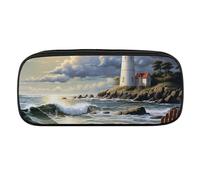 VFMKT Astuccio in pelle impermeabile carino portapenne da viaggio per cosmetici borsa organizer portapenne per uomini e donne, faro marino spiaggia sabbiosa