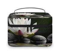 VFMKT Beauty case con fiori e pietre zen nere, portatile, da viaggio, con cerniera, organizer per trucchi e articoli da toeletta per donne e donne, Fiore E Pietre Zen Nere, 25x18x15cm