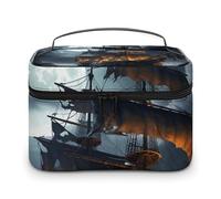 VFMKT Borsa per il trucco da viaggio con luna piena, con barca a vela pirata, portatile, con cerniera, organizer per trucchi da donna, Luna Piena Pirata Barca A Vela, 25x18x15cm