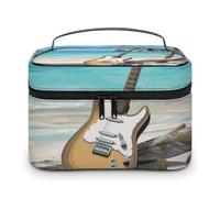 VFMKT Trousse da viaggio con chitarra sulla spiaggia, borsa per cosmetici da viaggio, con cerniera, organizer per trucchi da donna, Chitarra sulla spiaggia, 25x18x15cm