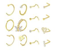 VFUN 20 g, orecchini a forma di cuore, farfalla, 7 mm, lunghezza del naso, vite e L Bend Clear Diamond Cz nasale piercing gioielli argento oro, acciaio inox