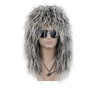 VGbeaty Parrucca lunga ricci Glam Punk Rock per uomo e donna Grigio Gradiente Bianco per Halloween