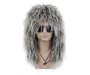 VGbeaty Parrucca lunga ricci Glam Punk Rock per uomo e donna Grigio Gradiente Bianco per Halloween
