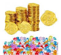 VGECEE 100 Pezzi Monete d'oro Pirata con 50 Gemme del Diamante Acrilico, Moneta Pirata in Plastica Monete Finte Regali per Caccia al Tesoro Pirati Bambini Decorazione per Feste Halloween Compleanno