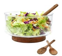 VGECEE 3 Pz Insalatiera in Vetro con Pinze per Insalata in Legno Grande ciotola in vetro da 3,7 L Insalatiere in vetro extra large con base in legno di acacia Versatile Piatto da Portata trasparente
