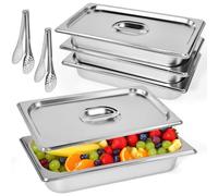 VGECEE 4 Set Ciotole per Impanare con 2 Pinze da Buffet, Contenitori GN con Coperchio Vassoi in Acciaio Inox con Coperchio 32.5*17.5*6.5cm Vassoio Rettangolare Portabile Teglie da Forno in Acciaio