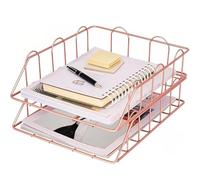 VGECEE Vaschette Portacorrispondenza 2 Pz Vassoi portadocumenti a 2 strati A4 Vassoio Portalettere Impilabile Vassoio per Lettere in Metallo Organizzatore Da Scrivania per Ufficio Scuola (Oro Rosa)