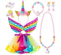 VGMANNTA Vestito Unicorno Bambina Set: Gonna Tulle, Cerchietti, Ali da Fata, Gioielli - Costume Carnevale per Compleanno Halloween 9PCS