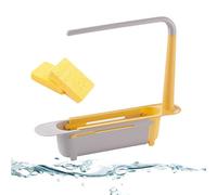 Vgpbphj Telescopic Sink Storage Rack, Prosperousk Sink Organizer, Updated Adjustable Sink Organizer Tray, Drainer Sink Storage Tray with Sponge Holder & Dishcloth Hanger (Yellow)