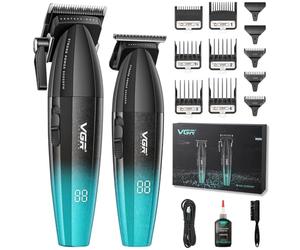 VGR 640 S2 Tagliacapelli Professionale Per Uomo, Set Di Tagliacapelli E Trimmer Senza Fili, Zero Gap T-Blade, Lama In Ceramica DLC, Kit Barbiere Di Alta Qualità Con Display LED (Verde)