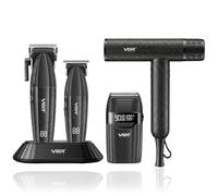 VGR 640S4 Combo Professionale per Barbiere: Tagliacapelli, Rifinitore, Rasoio a Lamina e Asciugacapelli Ionico - Kit di Taglio 4-in-1 con Motore Potente, Base di Ricarica, Display LED