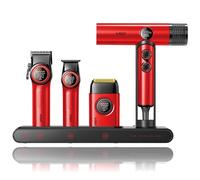 VGR Professional Barber Combo, Tagliacapelli Rifinitore Rasoio a Lamina e Asciugacapelli Ionico 4 in 1 Kit Barbiere Professionale, Motore Potenziato, Display LED, Base di Ricarica e Custodia, Rosso
