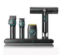 VGR Professional Barber Combo, Tagliacapelli Rifinitore Rasoio a Lamina e Asciugacapelli Ionico 4 in 1 Kit Barbiere Professionale, Motore Potenziato, Display LED, Base di Ricarica e Custodia, Nero