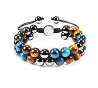 VGWON Bracciale per Uomo e Donna, Protezione Tripla 8/10mm Nero Blu Ematite Bracciale Occhio di Tigre Braccialetti di Perle di Pietra Naturale Regalo per Uomo Donna Porta Fortuna e Prosperità