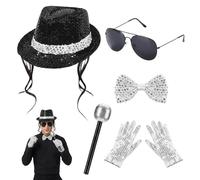 VgxRolq Set di costume da Michael da 5 pezzi, con cappello, papillon, guanti, occhiali e microfono, per adulti, carnevale, Halloween, feste anni '80