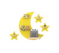 vhbw Mensola gialla con design a mezzaluna per Toniebox, set di base - decorazione da parete e organizer per la camera dei bambini - espositore magnetico per 20-30 personaggi Tonies, lettore e cuffie