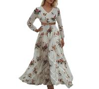 Vhersily 2025 Abiti Lunghi Boho Vintage Scollo a V a Fiori Maxi Casual Primavera Maniche Lunghe Abito Floreale Western Country Abito Chiffon, Stile Rurale e Campestre, Comodi e Versatili per Look
