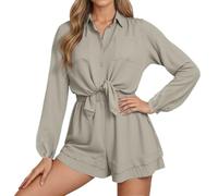 Vhersily 2025 Completo Corto Donna Elegante Primavera Estate Top Maniche Lunghe Orlo Arricciato Due Pezzi Comodo AmpioModa, Set Pigiama A Vita Alta, per Viaggi E Passeggiate, per Mezze Stagioni