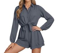 Vhersily 2025 Completo Corto Donna Elegante Primavera Estate Top Maniche Lunghe Orlo Arricciato Due Pezzi Comodo AmpioModa, Set Pigiama A Vita Alta, per Viaggi E Passeggiate, per Mezze Stagioni