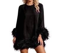 Vhersily 2026 Abito da Donna con Piume Abito da Sera Ampio con Scollo Rotondo a Maniche Lunghe di Lusso a Tubino Estivo Primavera per Matrimonio Moda Chic e Elegante per Cocktail Concertos