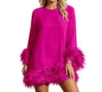 Vhersily 2026 Abito da Donna con Piume Abito da Sera Ampio con Scollo Rotondo a Maniche Lunghe di Lusso a Tubino Estivo Primavera per Matrimonio Moda Chic e Elegante per Cocktail Concertos