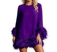 Vhersily 2026 Abito da Donna con Piume Abito da Sera Ampio con Scollo Rotondo a Maniche Lunghe di Lusso a Tubino Estivo Primavera per Matrimonio Moda Chic e Elegante per Cocktail Concertos