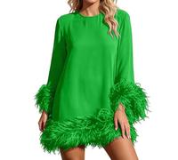 Vhersily 2026 Abito da Donna con Piume Abito da Sera Ampio con Scollo Rotondo a Maniche Lunghe di Lusso a Tubino Estivo Primavera per Matrimonio Moda Chic e Elegante per Cocktail Concertos