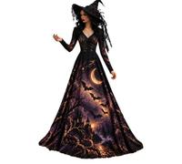 Vhersily 2026 Costume Halloween Donna Vestito Maxi Scollo a V Maniche Lunghe Vestito Strega Vampira Medievale Motivo Scheletro Rose Gotico Abito da Principessa Steampunk Horror Cosplay Sexy