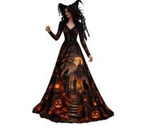 Vhersily 2026 Costume Halloween Donna Vestito Maxi Scollo a V Maniche Lunghe Vestito Strega Vampira Medievale Motivo Scheletro Rose Gotico Abito da Principessa Steampunk Horror Cosplay Sexy
