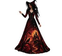 Vhersily 2026 Costume Halloween Donna Vestito Maxi Scollo a V Maniche Lunghe Vestito Strega Vampira Medievale Motivo Scheletro Rose Gotico Abito da Principessa Steampunk Horror Cosplay Sexy