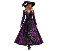 Vhersily 2026 Costume Halloween Donna Vestito Maxi Scollo a V Maniche Lunghe Vestito Strega Vampira Medievale Motivo Scheletro Rose Gotico Abito da Principessa Steampunk Horror Cosplay Sexy